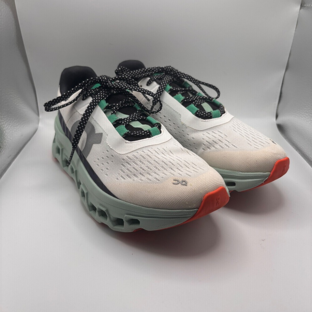 On Cloudmonster Mens Running Shoes White Sage Green Orange 61.98243 US 7